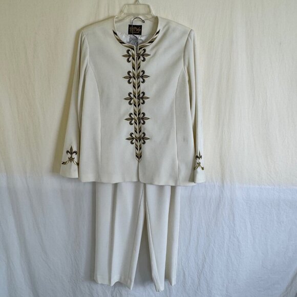 Bob Mackie Wearable Art Jacket & Pant Set Women's Size L Off White Embroidered - Picture 2 of 15